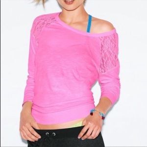 VS PINK Neon Lace-trimmed Raglan Long Sleeve Tee